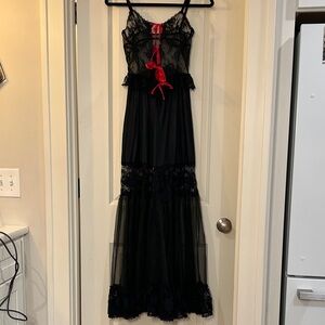 Black semi sheer lace vintage lingerie maxi dress with red bows